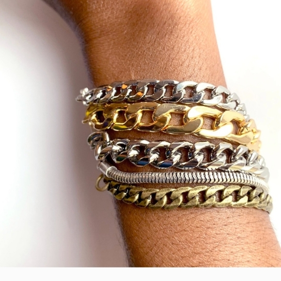 Silver and Gold Curb Chain Bracelets Set - Picture 2 of 8